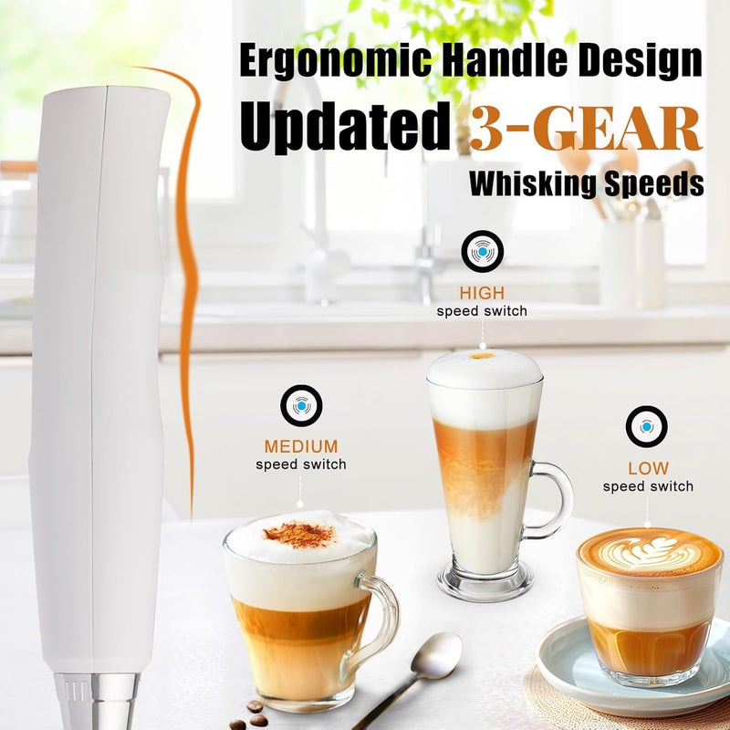 Nahida White Milk Frother Wand for Coffee, Frother Handheld Rechargeable Electric Whisk with 3 Heads 3 Speeds Drink Mixer Coffee Frother Foam Maker For Latte, Cappuccino, Hot Chocolate, Egg - Image 3
